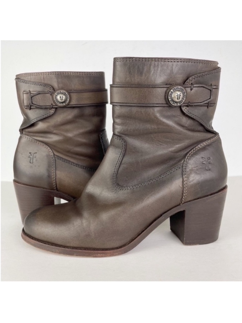Frye Malorie Button Dark Brown Leather Side Zip Strap Heeled Moto Short Boots
